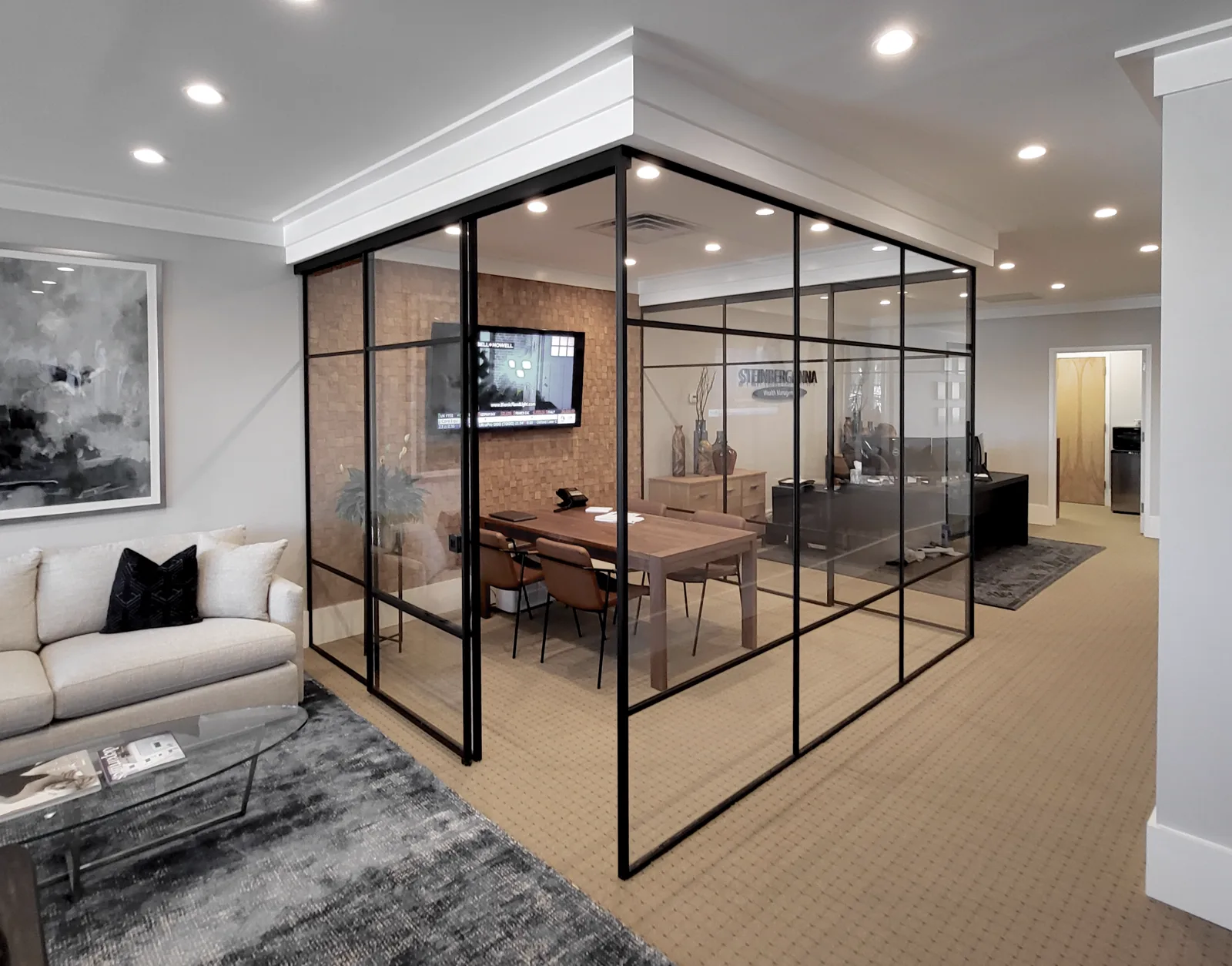 U-shaped corner glass partition with sliding door by WiseGlass NY