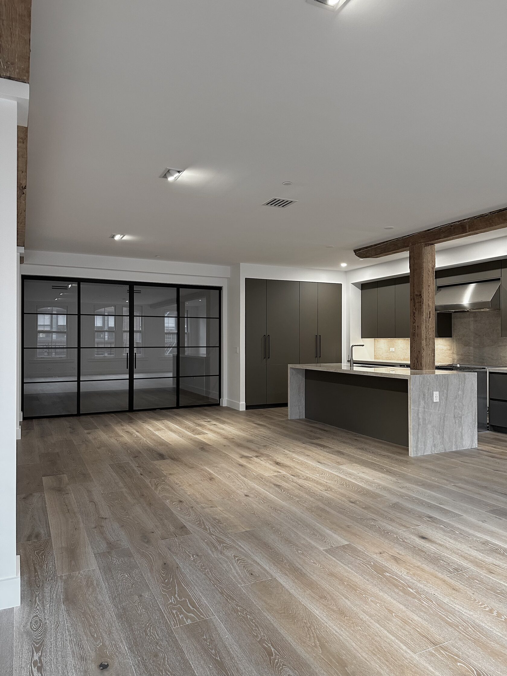 Glass wall enclosing a home office with a black matte aluminum frame
