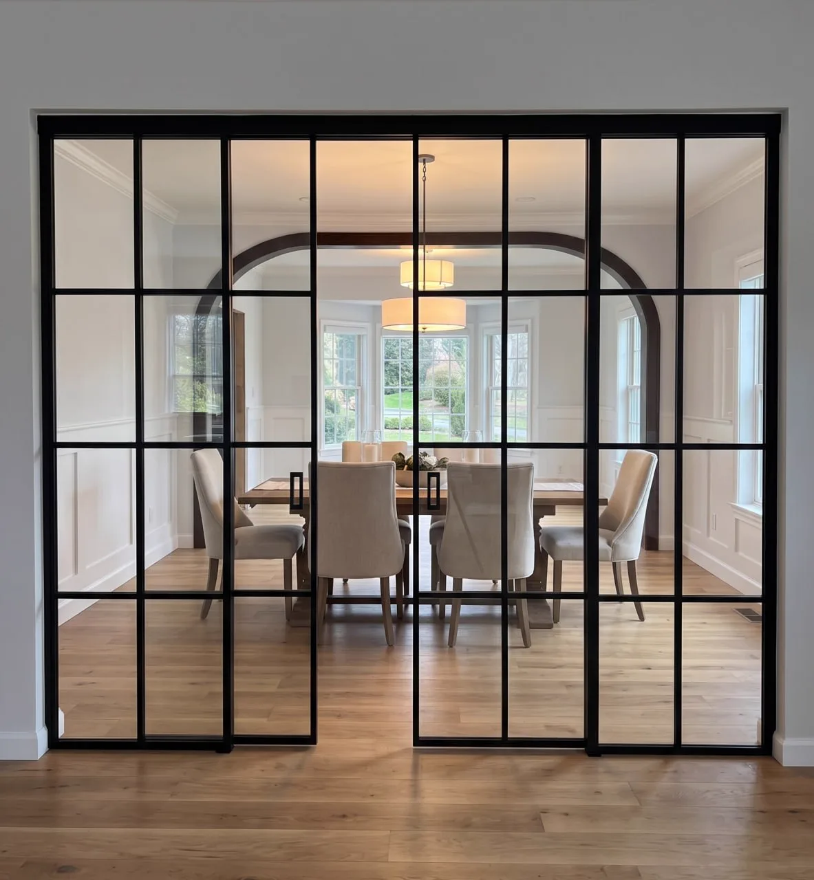 Custom double sliding black matte glass partition with extra grid mullions — designer dining room commission by WiseGlass NY