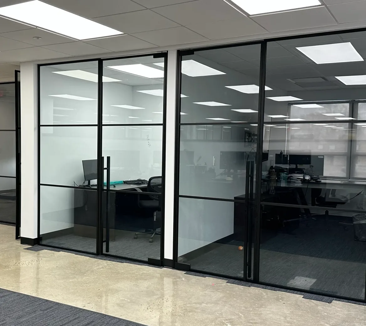 Commercial office glass partition system with 3-pane grid design, Rosedale NY — WiseGlass NY