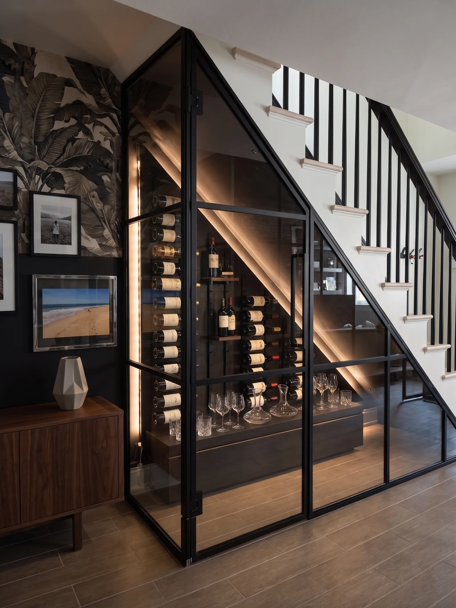 Custom glass wine cellar built under a staircase — black matte frame, backlit wine storage, WiseGlass NY