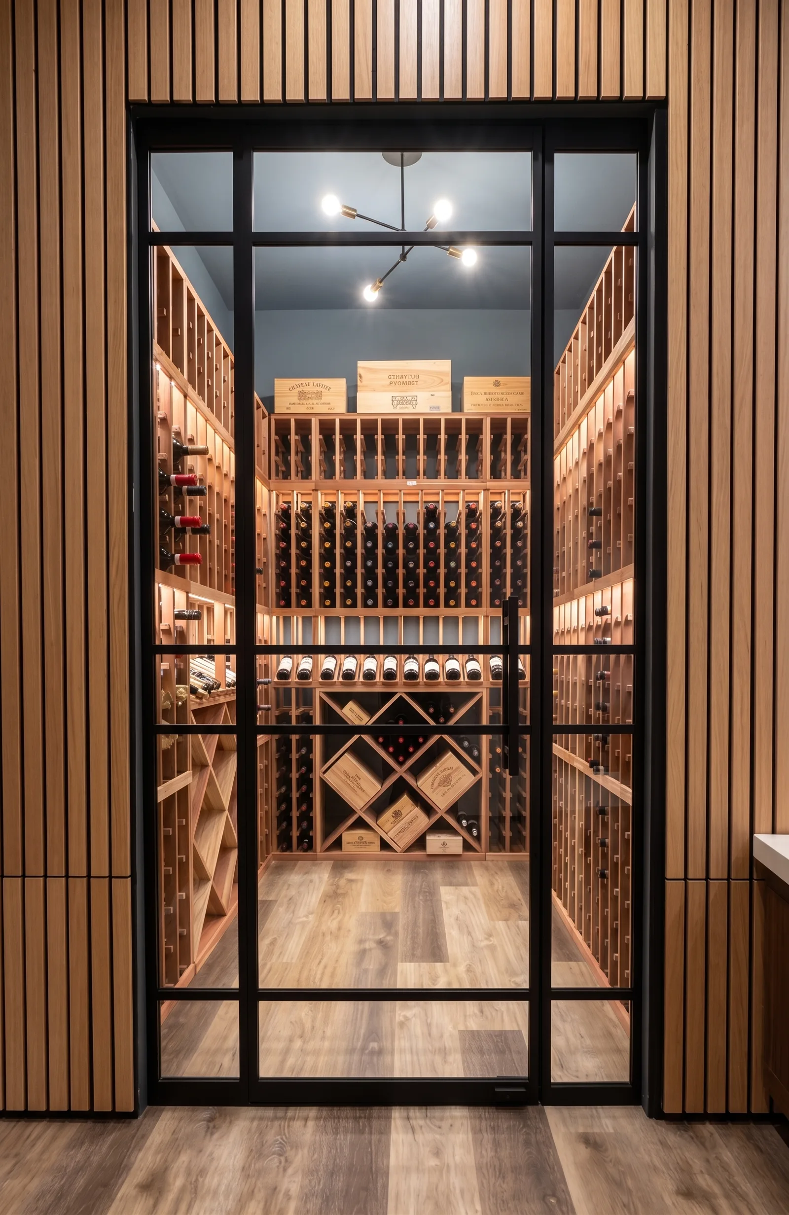 Custom black matte framed glass wine cellar entry door — warm cedar racks, cool blue walls, WiseGlass NY