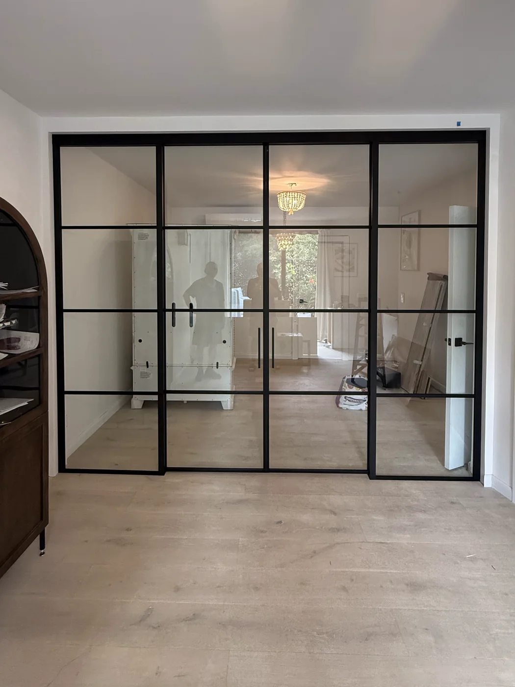 Four panel double sliding glass wall with divided lite grid, Brooklyn townhouse by WiseGlass NY