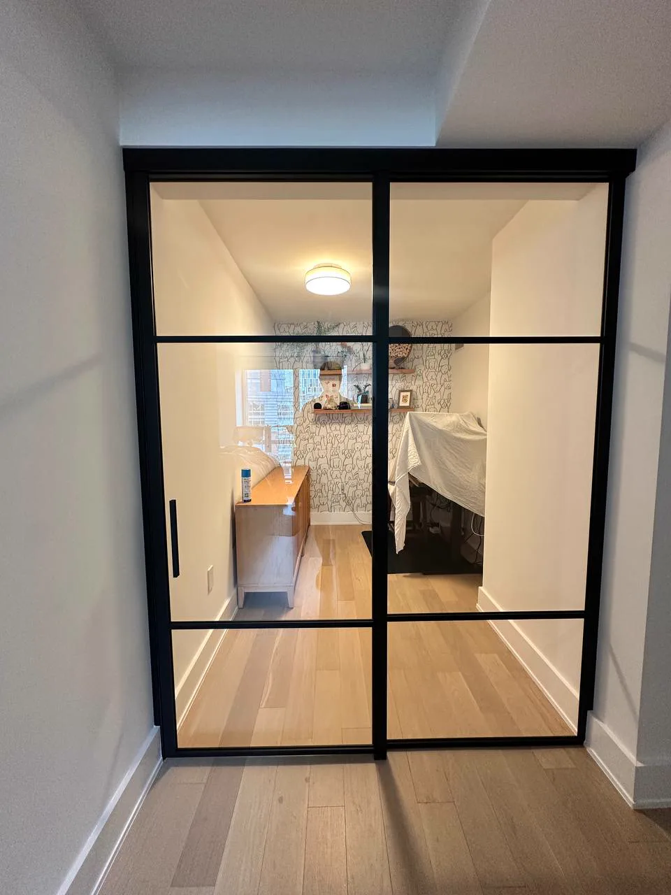 Completed single sliding glass door with fixed sidelight, closed, by WiseGlass NY