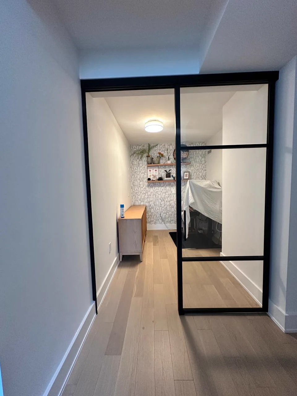 Completed single sliding glass door with fixed sidelight, open, by WiseGlass NY