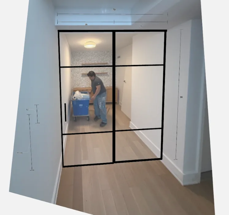 Dimensioned rendering of single sliding glass door with fixed sidelight