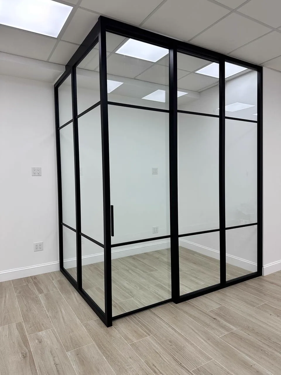Structural glass frame office enclosure with sliding door, closed, by WiseGlass NY