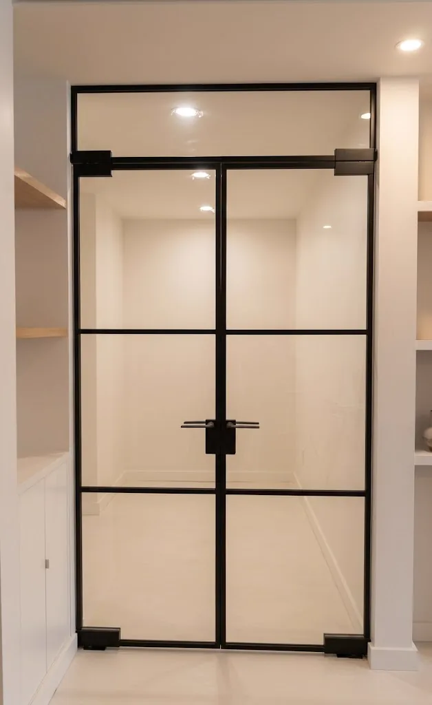 Pair of black framed French glass doors under a fixed transom lite running to the ceiling, Manhattan by WiseGlass NY